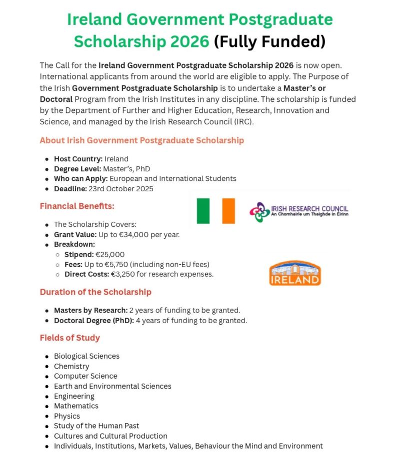 Fully funded Ireland government postgraduate scholarship 2026
